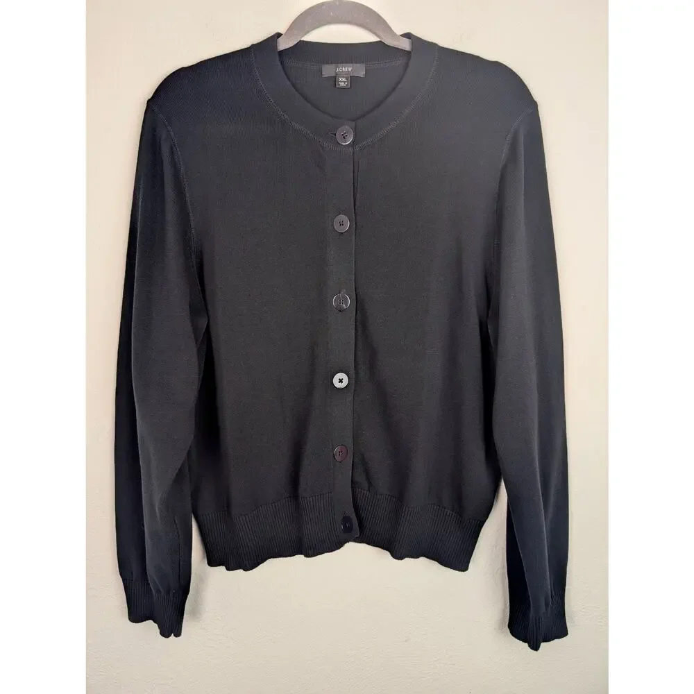 J Crew Jackie Cardigan Sweater Cotton Crepe Preppy Academia Black Size XXL - Picture 2 of 11